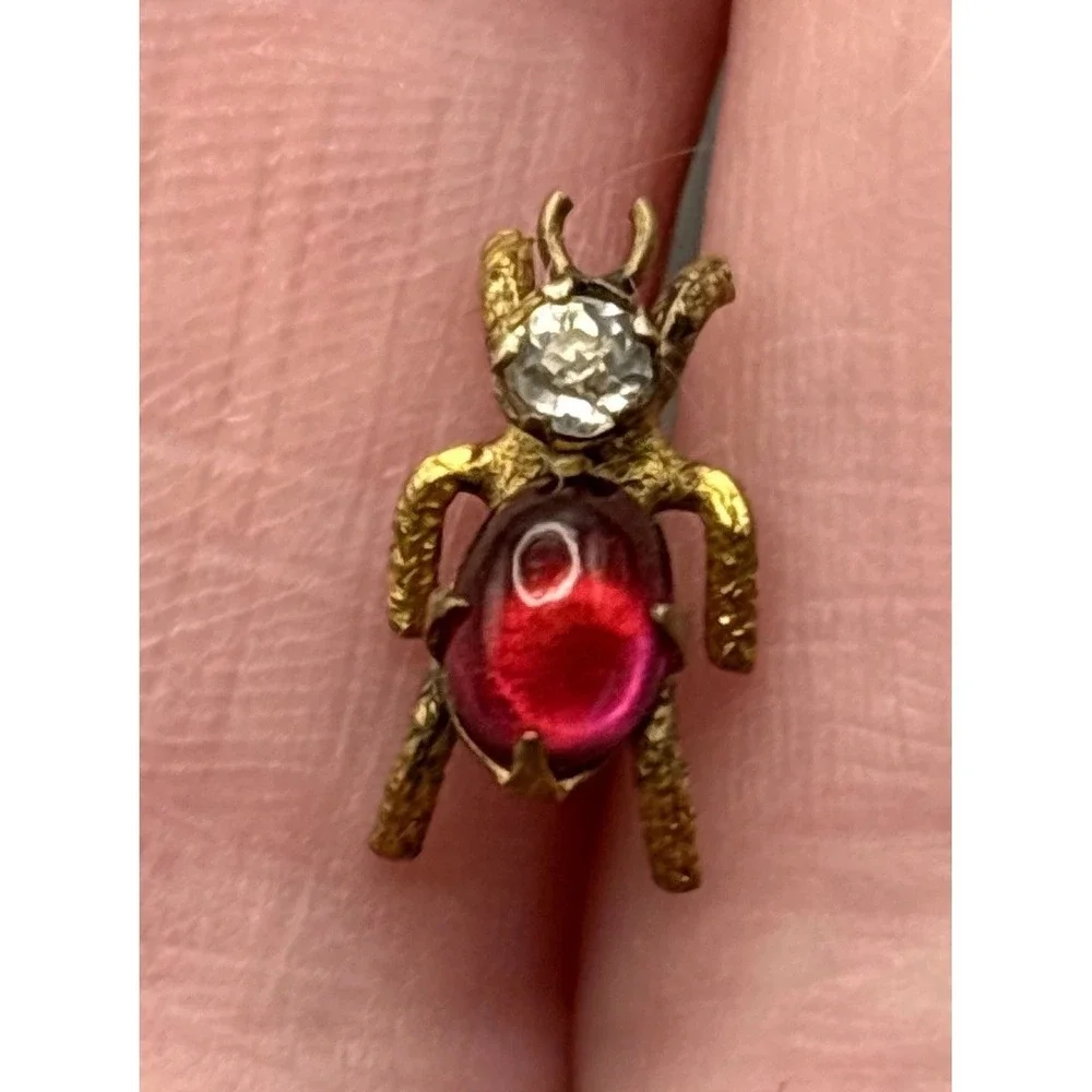Vintage Victorian Tiny Beetle Bug Lapel Tie Tack Pin Red Cabochon Crystal